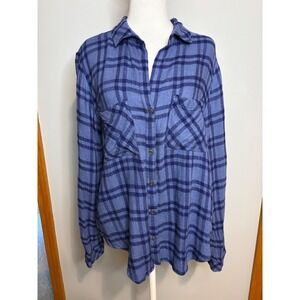 Cloth‎ & Stone Blue Plaid Roll-Tab Sleeve Rayon Button Down Shirt Womens Large
